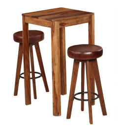 Ensemble de bar 3 pcs Bois de Sesham massif et cuir véritable