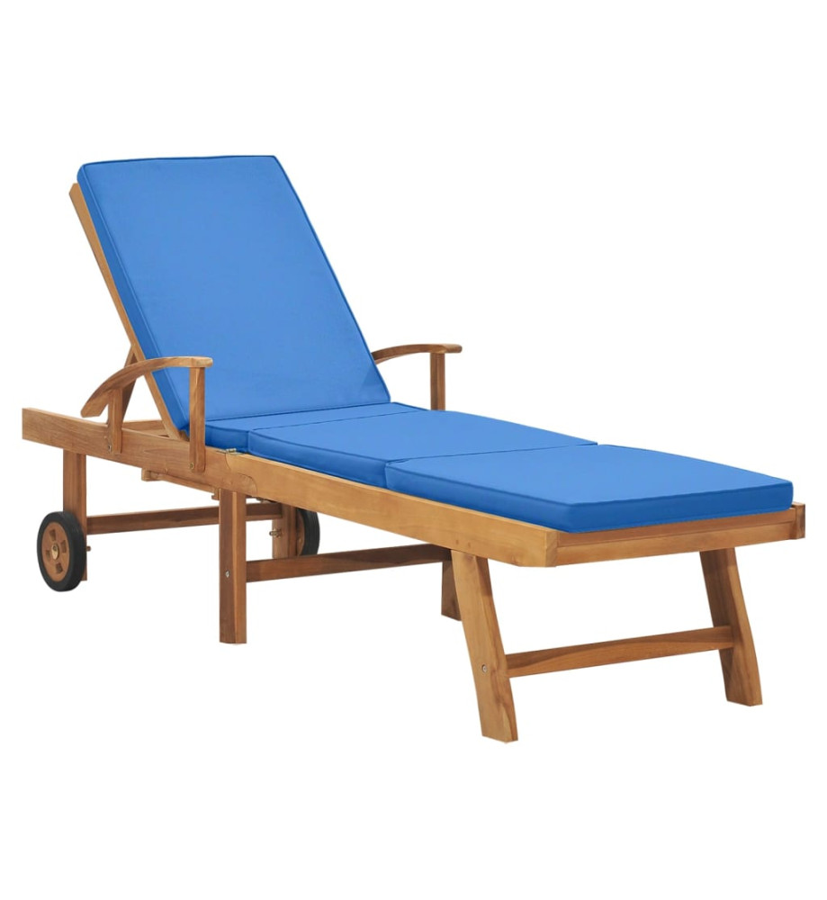 Chaise longue avec coussin Bois de teck solide Bleu