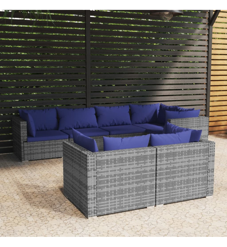 Salon de jardin 7 pcs avec coussins Gris Résine tressée