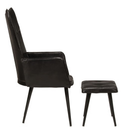 Chaise à oreilles avec repose-pied Noir Cuir véritable