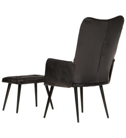 Chaise à oreilles avec repose-pied Noir Cuir véritable