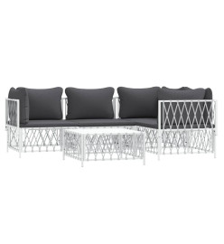 Salon de jardin avec coussins 5 pcs blanc acier