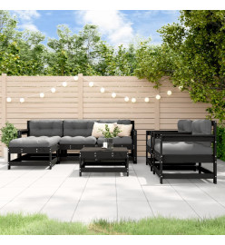 Salon de jardin 7 pcs avec coussins noir bois massif