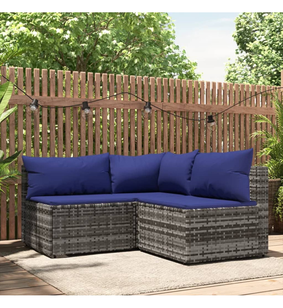 Salon de jardin 3 pcs avec coussins Gris Résine tressée