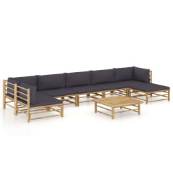 Salon de jardin 8 pcs avec coussins gris foncé Bambou