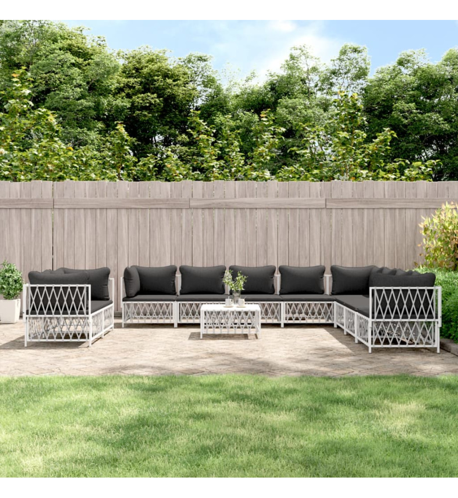 Salon de jardin avec coussins 11 pcs blanc acier