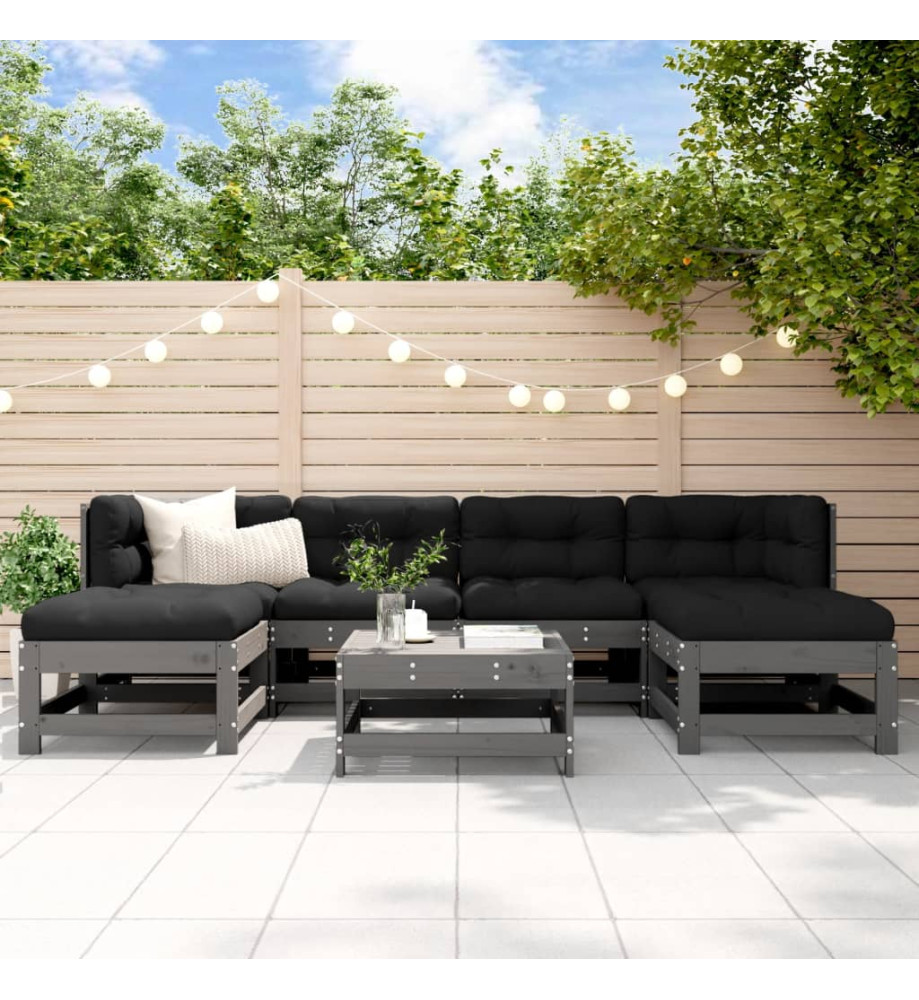 Salon de jardin 7 pcs avec coussins gris bois massif