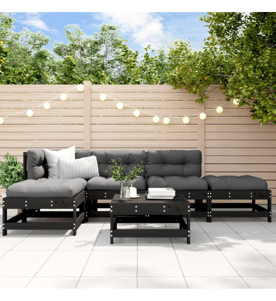 Salon de jardin 6 pcs avec coussins noir bois massif