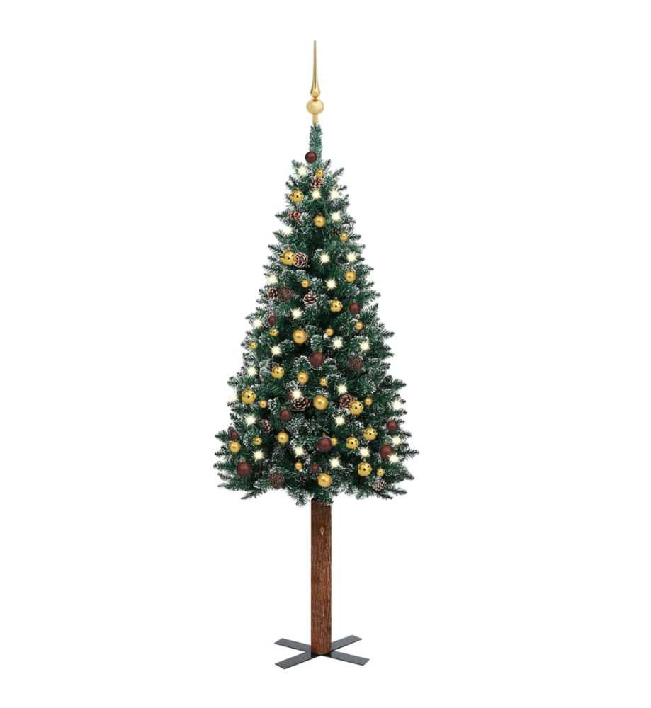 Sapin de Noël mince et LED et boules Vert 150 cm