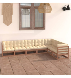 Salon de jardin 7 pcs avec coussins Marron miel Bois de pin