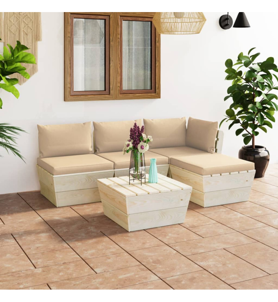 Salon de jardin palette 5 pcs avec coussins Épicéa imprégné