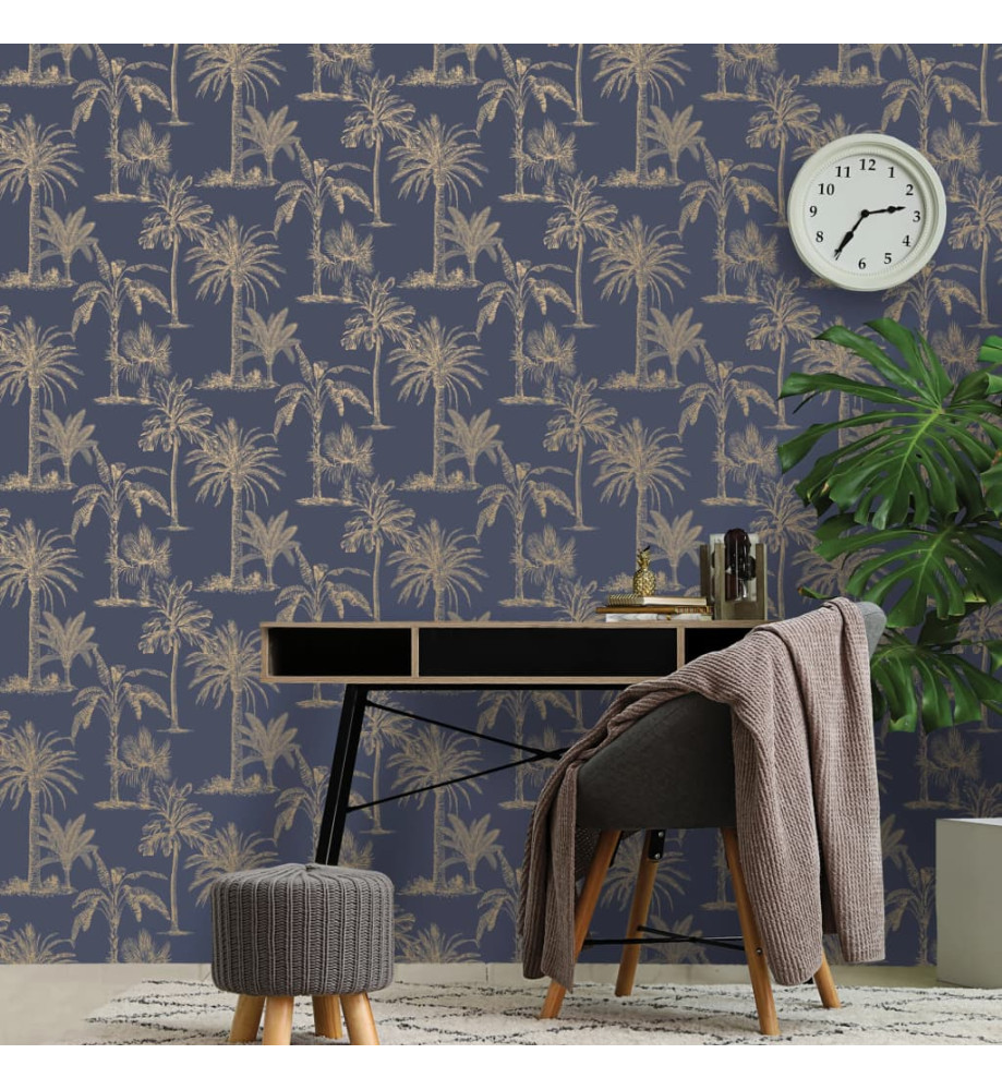 DUTCH WALLCOVERINGS Papier peint Arbres tropicaux Bleu et argenté