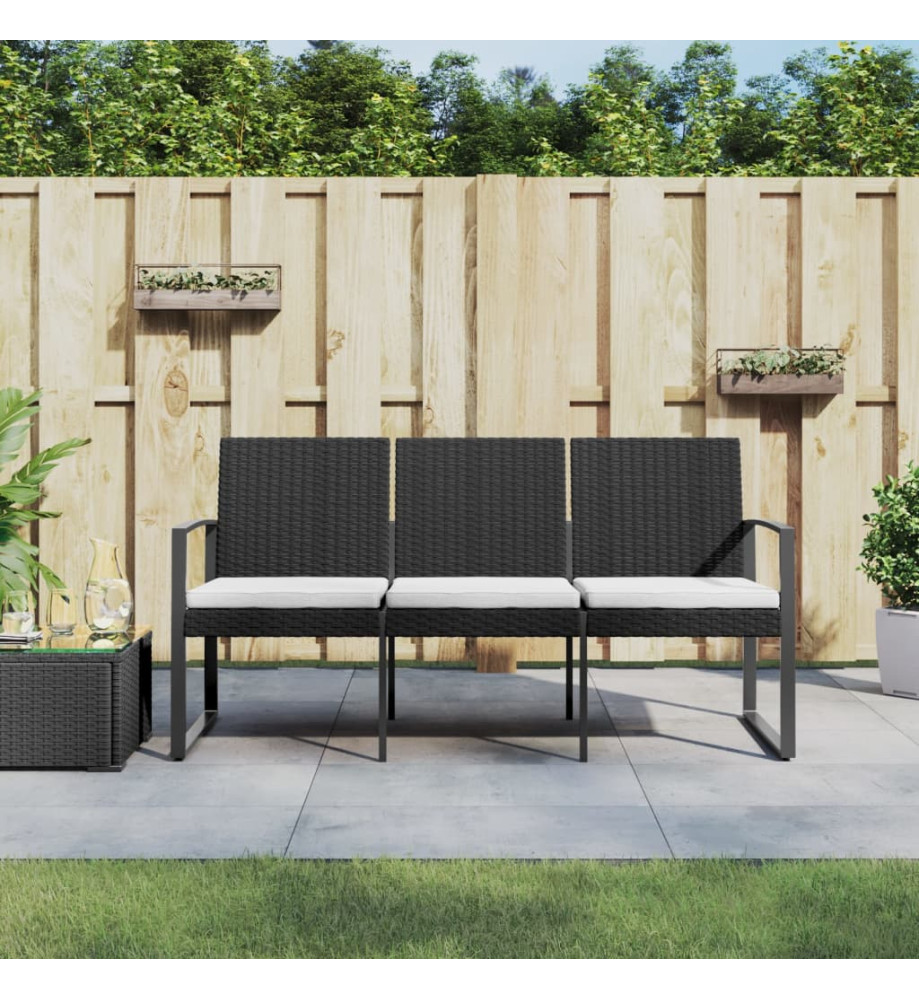 Banc de jardin à 3 places avec coussins noir rotin PP