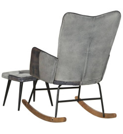 Chaise à bascule et repose-pieds Gris Cuir véritable et toile