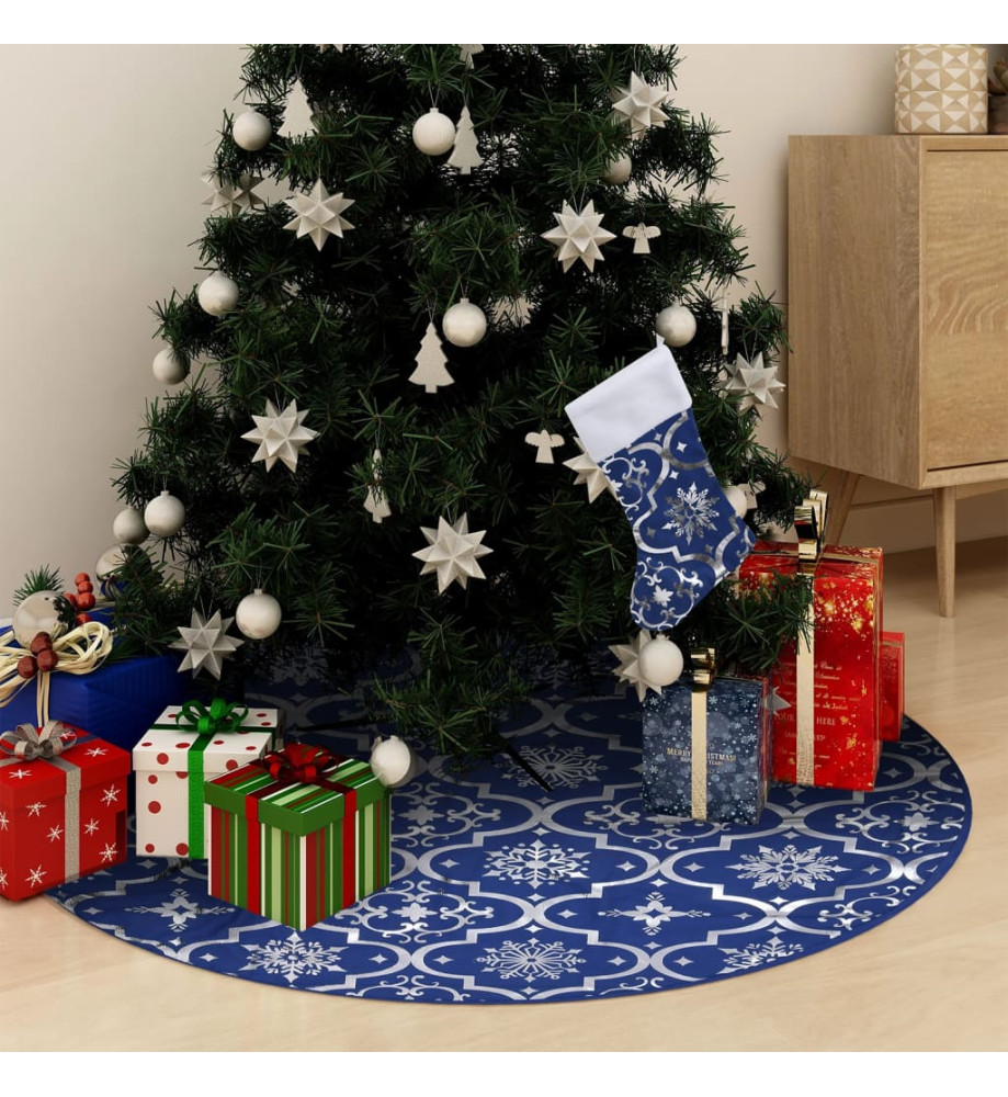 Jupe de sapin de Noël de luxe avec chaussette Bleu 90 cm Tissu