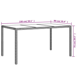 Table de jardin 150x90x75cm Verre trempé et résine tressée Gris