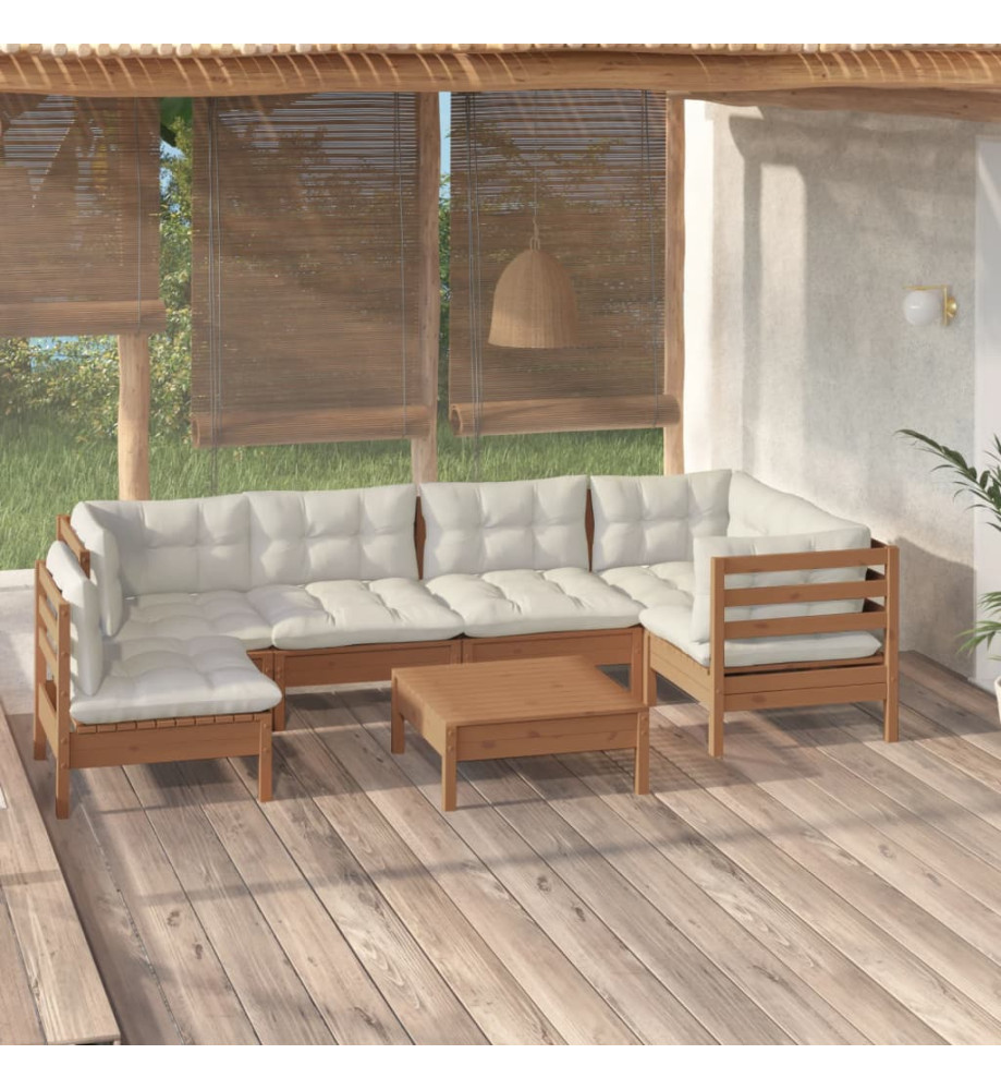 Salon de jardin 7 pcs avec coussins Marron miel Bois de pin Salon de jardin 7 pcs avec coussins Marron miel Bois de pin