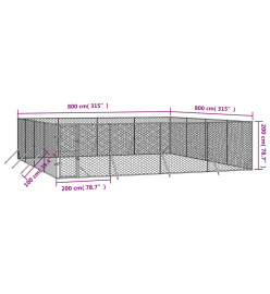 Chenil d'extérieur pour chiens argenté 8x8x2 m acier galvanisé