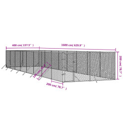 Chenil d'extérieur pour chiens argenté 4x16x2 m acier galvanisé