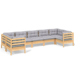 Salon de jardin 7 pcs avec coussins gris Bois de pin