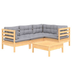 Salon de jardin 5 pcs avec coussins gris Bois de pin