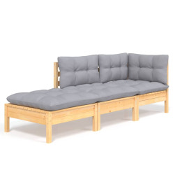 Salon de jardin 3 pcs avec coussins gris Bois de pin massif
