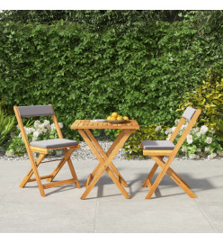 Ensemble de bistro pliable 3 pcs avec coussins Acacia solide