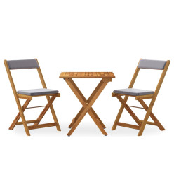 Ensemble de bistro pliable 3 pcs avec coussins Acacia solide