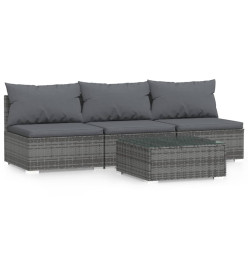 Salon de jardin 4 pcs avec coussins Gris Résine tressée