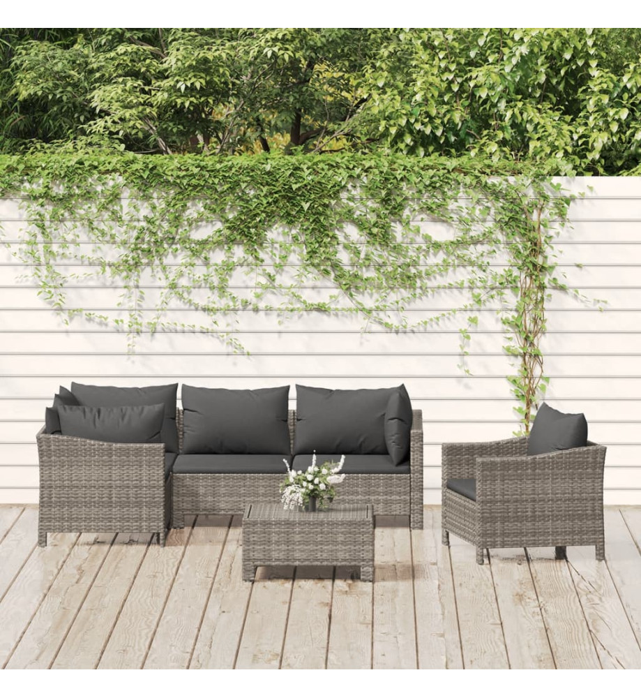 Salon de jardin 6 pcs avec coussins Gris Résine tressée