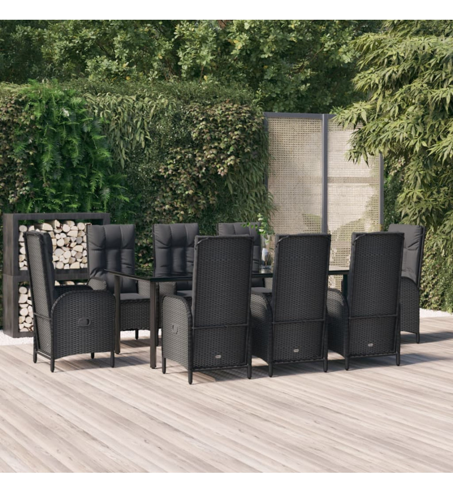 Mobilier à dîner de jardin 9pcs et coussins noir résine tressée