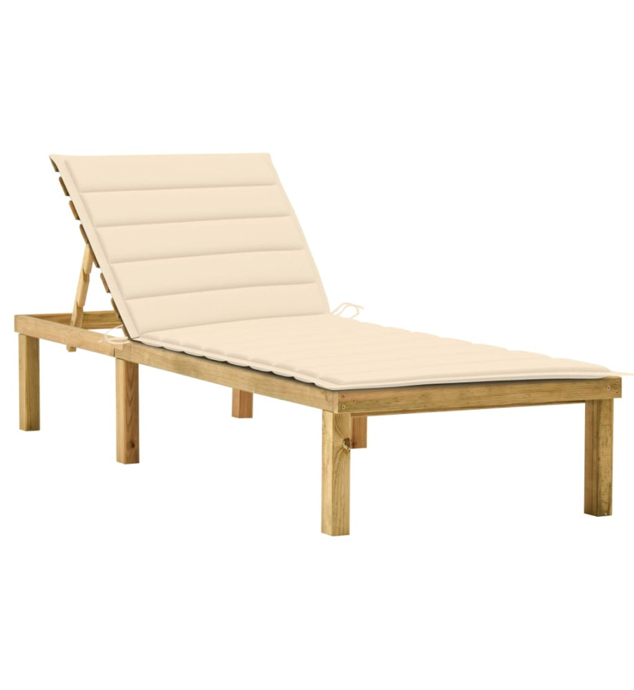 Chaise longue avec coussin crème Bois de pin imprégné