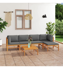 Salon de jardin 6 pcs avec coussins gris Bois de teck solide