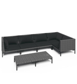 Salon de jardin 6 pcs avec coussins Résine tressée Gris foncé