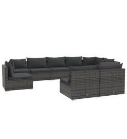 Salon de jardin 9 pcs avec coussins Résine tressée Gris