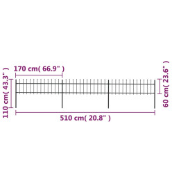 Clôture de jardin avec dessus en lance Acier 5,1 x 0,6 m Noir