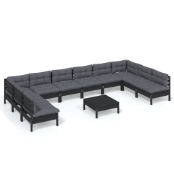 Salon de jardin 11 pcs avec coussins Noir Bois de pin massif