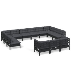 Salon de jardin 13 pcs avec coussins Noir Bois de pin