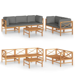 Salon de jardin 6 pcs avec coussins gris Bois de teck solide