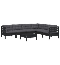 Salon de jardin 7 pcs avec coussins Noir Bois de pin solide