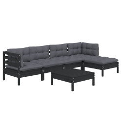 Salon de jardin 6 pcs avec coussins Noir Bois de pin