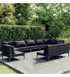 Salon de jardin 9 pcs avec coussins Résine tressée Gris foncé