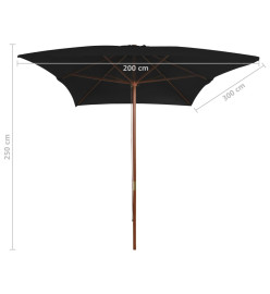 Parasol d'extérieur avec mât en bois Noir 200x300 cm