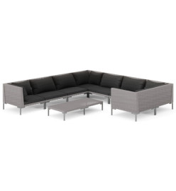 Salon de jardin 9 pcs avec coussins Résine tressée Gris foncé