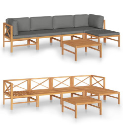 Salon de jardin 6 pcs avec coussins gris Bois de teck solide