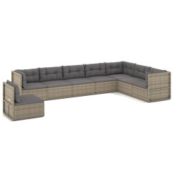 Salon de jardin 8 pcs avec coussins Gris Résine tressée