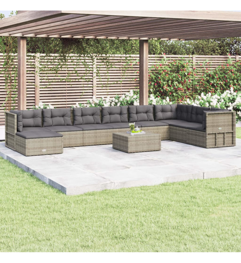 Salon de jardin 9 pcs avec coussins Gris Résine tressée Salon de jardin 9 pcs avec coussins Gris Résine tressée