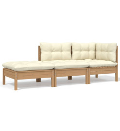 Salon de jardin 3 pcs avec coussins crème Bois de pin massif