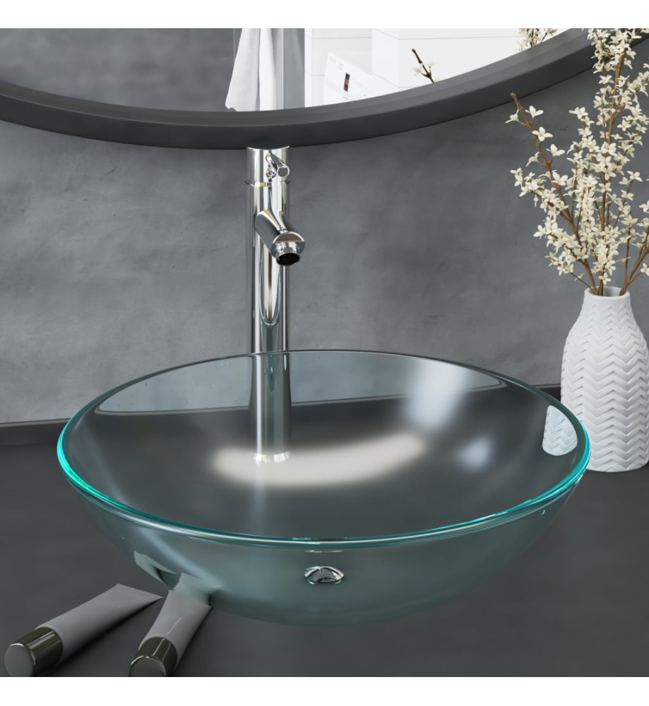 Lavabo de bain avec robinet et drain à poussoir Verre trempé