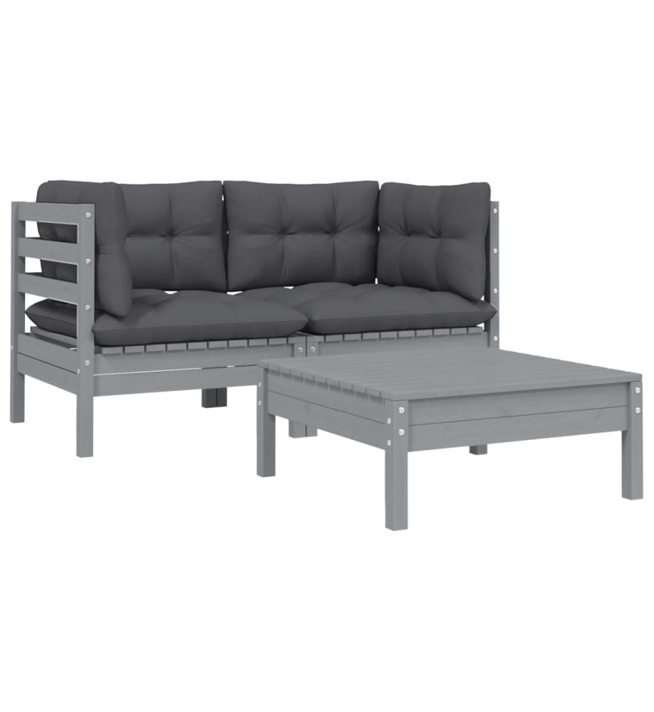 Salon de jardin 3 pcs avec coussins Gris Bois de pin massif Salon de jardin 3 pcs avec coussins Gris Bois de pin massif